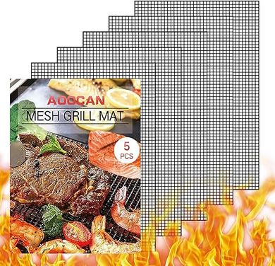 AOOCAN 5-Piece Heavy-Duty Reusable Grill Mats: Non-stick, easy-clean, for gas, charcoal, & pellet grills (15.75x13").
