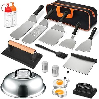 Blackstone & Camp Chef Griddle Accessory Kit: 18-Piece Set with Large Spatulas, Basting Cover, and Scraper
