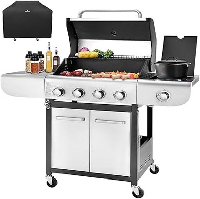 4-Burner Stainless Steel BBQ Grill with Side Burner & Cast Iron Grates