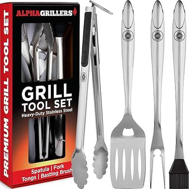 Here are a few options for a shortened product name, all around 10-20 words:

1. **Heavy-Duty Stainless Steel BBQ Grill Tool Set: Spatula, Fork, Brush & Tongs**

2. **Premium Stainless Steel Grill Tool Set for Outdoor Grilling:  Perfect Gift for Men**

3. **Men