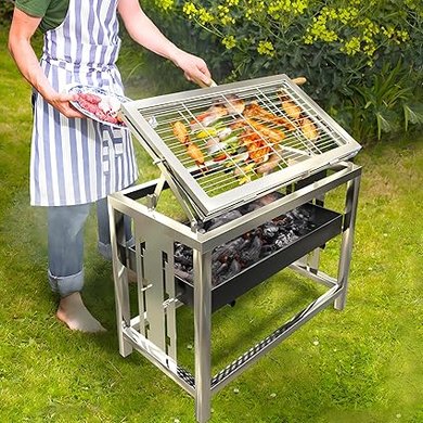 Adjustable Charcoal Grill with Rotating BBQ Skewer and Foldable Basket