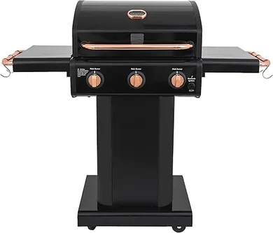 Kenmore 3-Burner Gas Grill: Foldable side tables, cast iron grates, warming rack, and tool hooks. 30,000 BTUs, black copper accent.