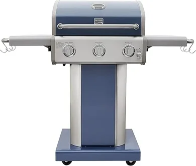Kenmore Azure 3-Burner Gas Grill: 30,000 BTU, Folding Sides, Pedestal with Wheels.
