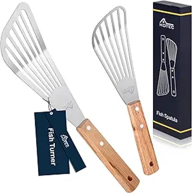HOTEC Stainless Steel Fish Turner: Durable, lightweight slotted spatula with sloped wooden handle.