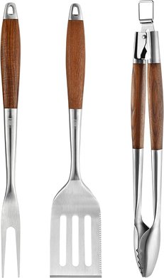 Heavy-Duty BBQ Grilling Tool Set: Ash Wood Handles, Stainless Steel Spatula, Fork & Tongs. Perfect Father