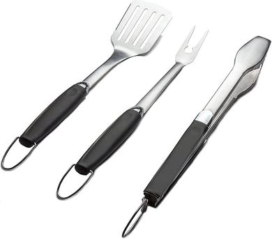 Stainless Steel BBQ Grill Tool Set: Tongs, Spatula, & Fork
