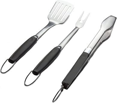 Stainless Steel BBQ Grill Tool Set: Tongs, Spatula, & Fork