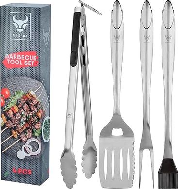 M&GRILL Premium 4-Piece BBQ Tool Set: Spatula, Tongs, Fork, Brush.  Perfect for grilling & gifting.
