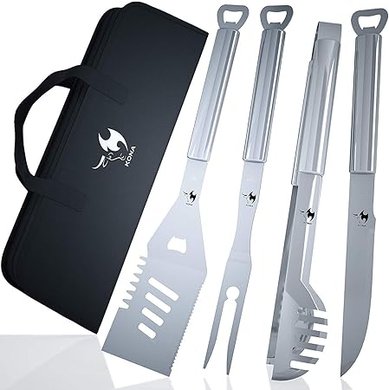 KONA Premium Stainless Steel BBQ Grill Set: 18" Utensils with Case & Bottle Openers – Great Gift