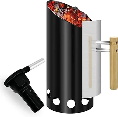 Double-Walled Charcoal Chimney Starter with Fan & Heat Shield