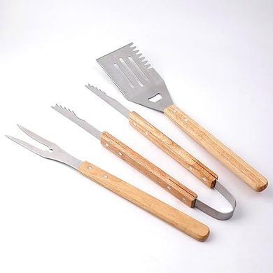 Artisan BBQ Set: Stainless Steel Spatula, Fork & Tongs with Wood Handles. Perfect for grilling, camping, and family gatherings.