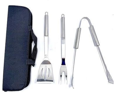 Stainless Steel BBQ Grill Set: Spatula, Fork, Tongs in Carrying Case
