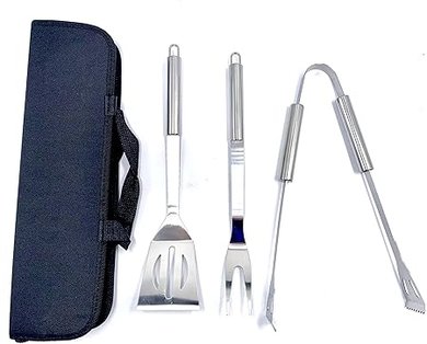 Stainless Steel BBQ Grill Set: Spatula, Fork, Tongs in Carrying Case