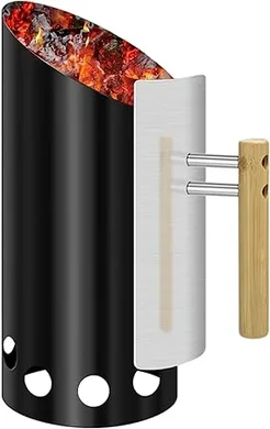Large Capacity Double-Enameled Charcoal Chimney Starter with Heat Shield & Wood Handle