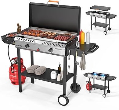 ROVSUN 2-Burner Propane Stove & Griddle: 150,000 BTU, Auto-Ignition, Rolling Cart