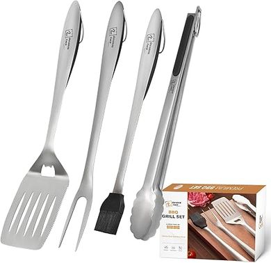 Double Two 4-Piece BBQ Tool Set: Tong, Fork, Spatula & Brush
