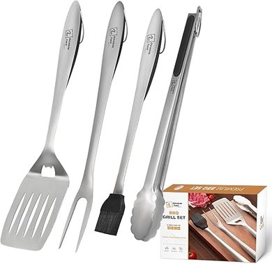 Double Two 4-Piece BBQ Tool Set: Tong, Fork, Spatula & Brush