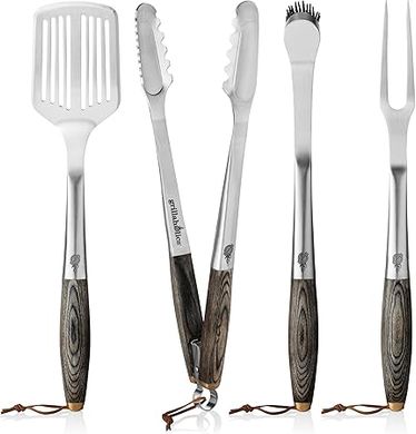 Grillaholics Premium BBQ Grill Set: 4-Piece Wooden Boxed Utensil Set (Tongs, Fork, Spatula, Brush)
