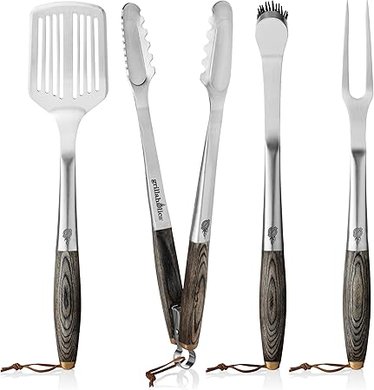 Grillaholics Premium 4-Piece BBQ Grill Set: Tongs, Fork, Spatula, Brush.