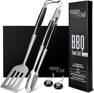 Magnum Grill 5-Piece BBQ Tool Set: Spatula, Tongs, Grill Mat & Magnetic Hooks
