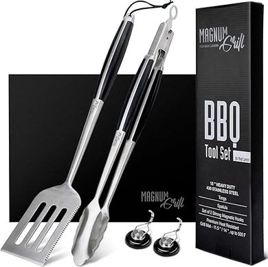 Magnum Grill 5-Piece BBQ Tool Set: Spatula, Tongs, Grill Mat & Magnetic Hooks
