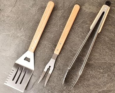 Heavy-Duty BBQ Tool Set: Spatula, Fork, Tongs (Stainless Steel & Wood)