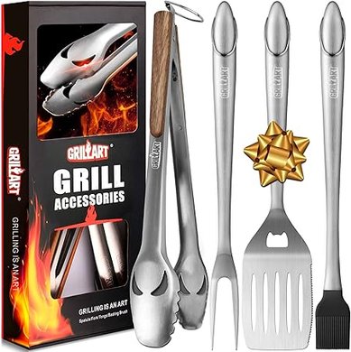 GRILLART 18" BBQ Tool Set: Tongs, Spatula, Fork, Brush. Stainless Steel. Great Gift for Men.