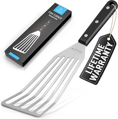 Zulay Kitchen Fish Spatula: A 12.4" stainless steel slotted spatula, perfect for non-stick cookware. Easy to clean.