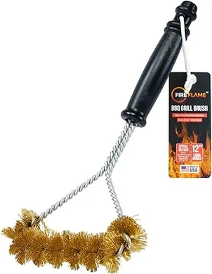 Fireflame BBQ Grill Brush: 12" Long Handle, Non-Scratch Brass Bristles, Heavy-Duty, Made in USA